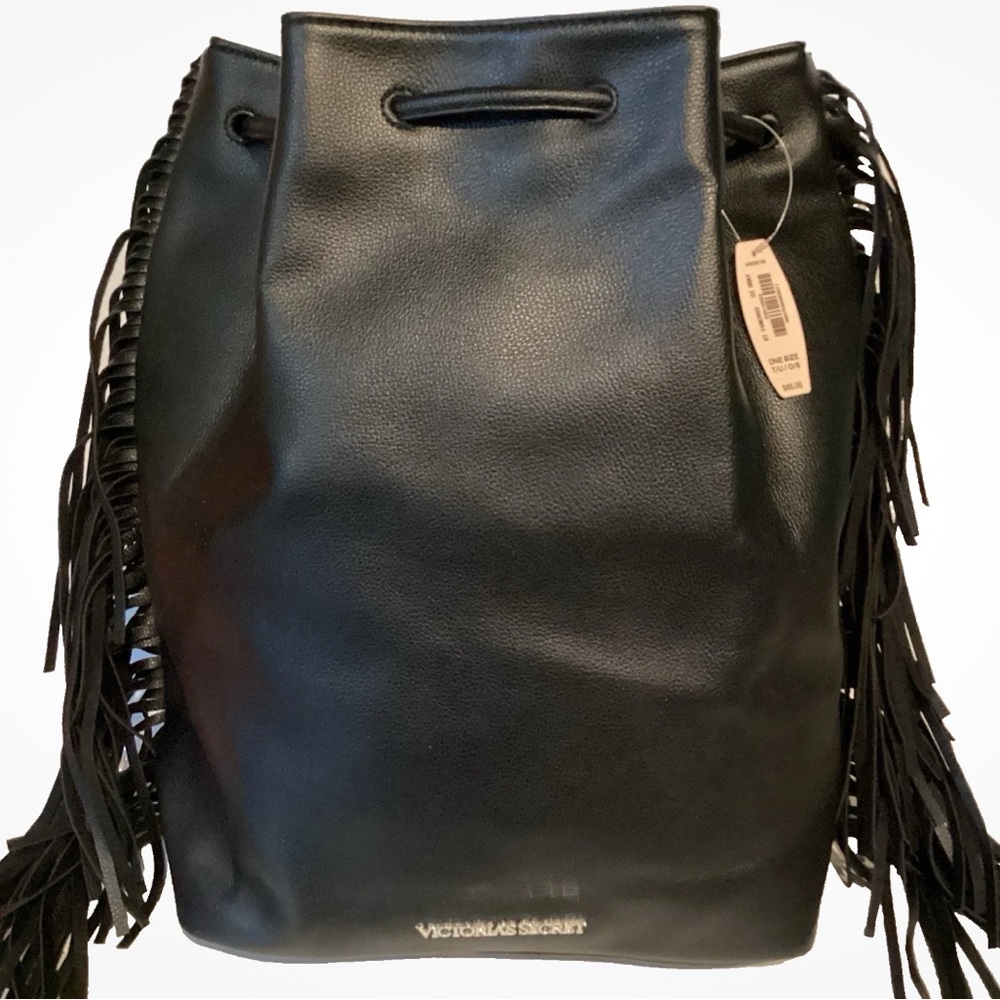 Large Victoria’s Secret Black Fringe Drawstring Backpack Vegan Leather 15” x 14”